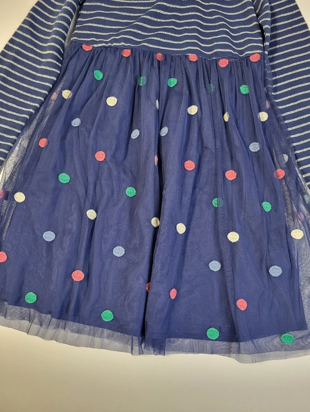 Mini Boden Jersey Tulle Long Sleeve Dress Polka Dots Navy Blue Stripes sz 9-10